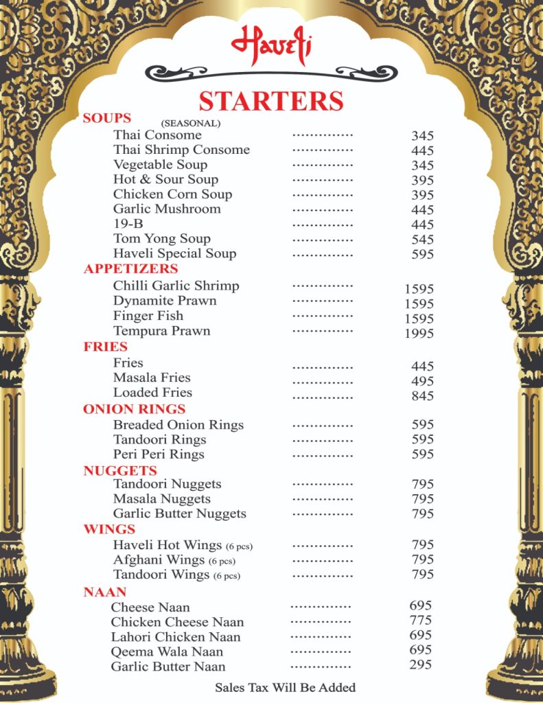 haveli restaurant Lahore menu