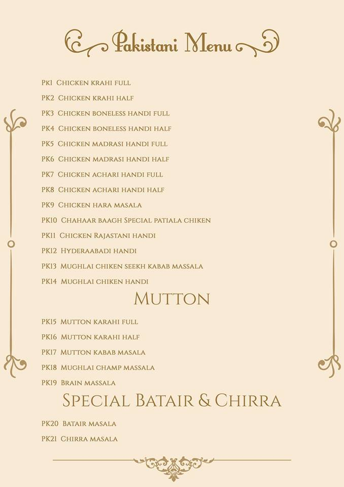 Pakistani menu