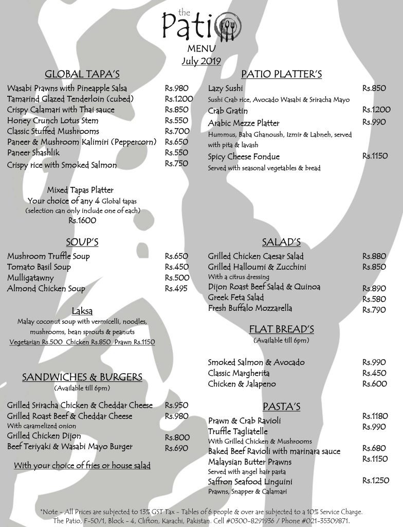 The Patio Restaurant Clifton Karachi Menu